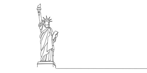 One continuous single line drawing of liberty statue isolated on white background.