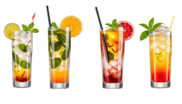 Three vibrant glasses of refreshing beverages stand in isolation: a classic champagne, a zesty lemonade, and a cool champagne cocktail with ice and lime