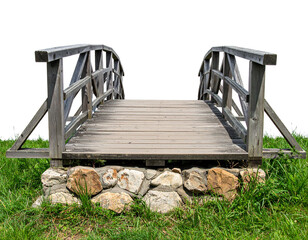 Rustic Wooden Footbridge with Stone Base  isolated on transparent or white background	 