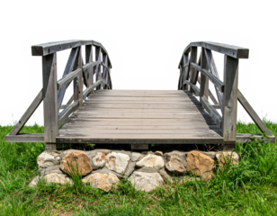 Rustic Wooden Footbridge with Stone Base  isolated on transparent or white background	 