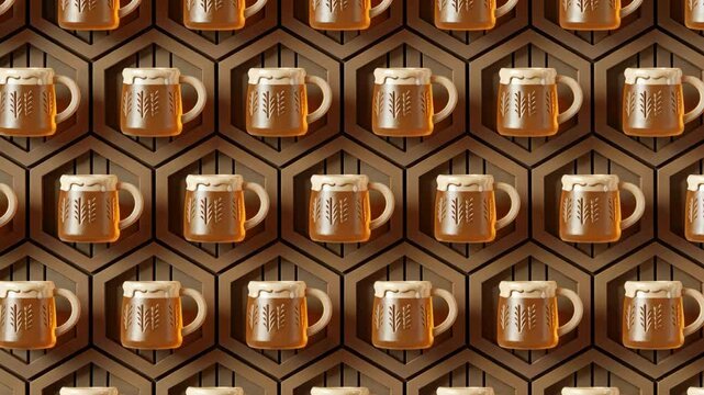 Rows of beer mugs with wheat illustrations sit on a geometric wooden shelf.