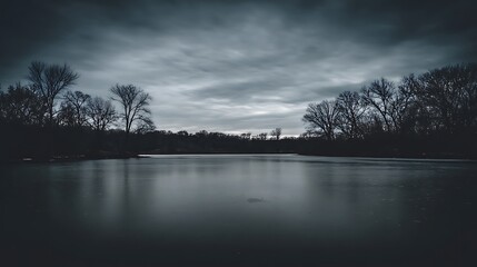 Gloomy frozen lake reflecting dark clouds