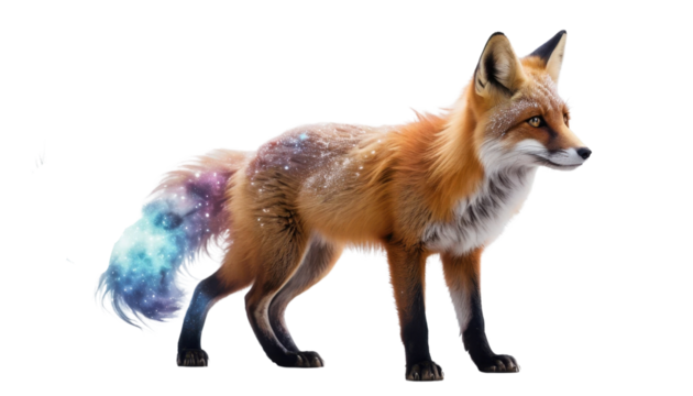 Red fox Vulpes vulpes standing on a white background, a furry wild animal portrait