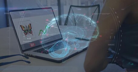 Woman hovering hand near laptop activating NFT marketplace graph with brain hologram for analysis - Powered by Adobe