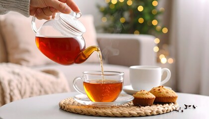 Pouring tea into a glass cup with muffins and Christmas lights