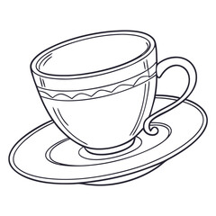 Elegant line drawing of a coffee cup and saucer, showcasing intricate details and smooth curves, perfect for design projects and artistic expressions