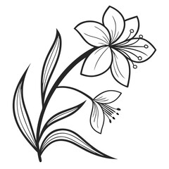 Elegant black and white floral illustration featuring a detailed flower with delicate petals and leaves, showcasing nature's beauty and artistic design in a minimalist style