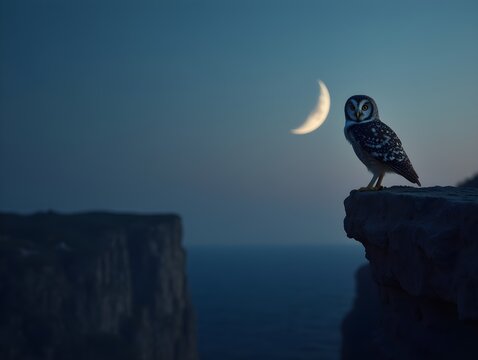 Young owl perched on cliff edge at dusk with crescent moon in background