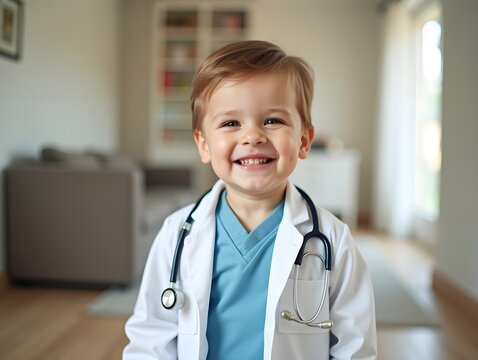 Adorable baby boy wearing doctor costume smiling at home