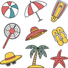 Minimalist Summer Beach Icon – Sun, Umbrella & Wave Vector