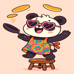 A funky panda excitedly flips pancakes while wearing a colorful apron and heart-shaped sunglasses on a stool, set against a pastel background.