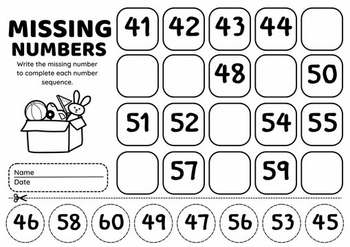 Missing Number 1&ndash;100 Worksheet, Cut and Paste Math Activity for Kindergarten to Grade 2, Early Learning Number Order Practice Worksheets
