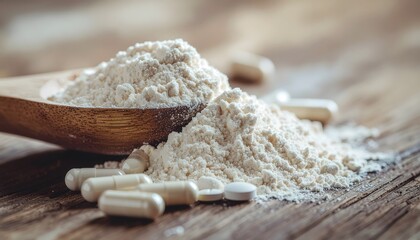 Protein powder supplement and pills on wooden surface close up