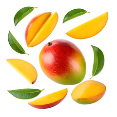 Fresh mango with slices and leaves isolated on transparent background