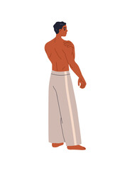 Muscular man standing, back view from behind. Male figure with naked fit torso, strong muscles, barefoot. Athletic person touching shoulder. Flat vector illustration isolated on white background