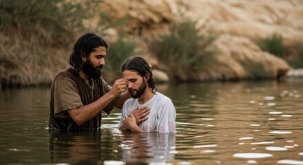 Man baptizing another man anointing his head with water. Religious ceremony of John the Baptist and Jesus. Christian faith concept.