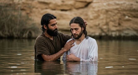 Baptism of Jesus Christ. Biblical scene with John the Baptist for religious and spiritual concept.