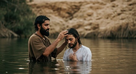 Caucasian man being baptized in a river, with another man placing a hand on his head. Religious rite for spiritual purification.
