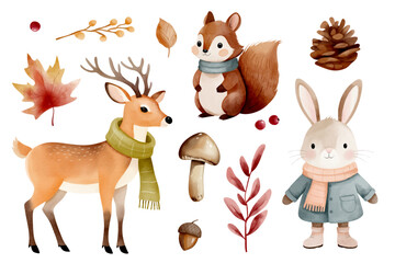 Watercolor autumn woodland animals in clothes. Deer, bunny, squirrel with mushroom, leaves and pinecone.