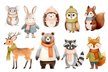 Naklejka premium Woodland animals in winter clothes. Fox, deer, bear, squirrel, hare, raccoon and owl. Watercolor illustration