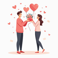Couple Holding Hands Under Floating Hearts – Valentine Flat Vector Scene
