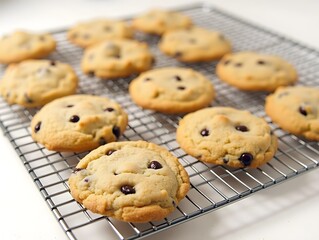 Tray of freshly baked dairy-free chocolate chip cookies cooling on a wire rack, photography