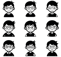 Cute Cartoon Boy with Glasses Character Avatar Icon Set