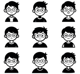 Cute Cartoon Boy with Glasses Character Avatar Icon Set