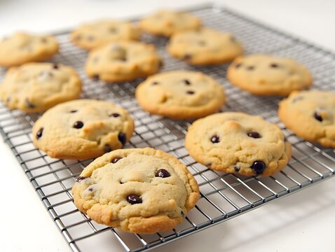 Tray of freshly baked dairy-free chocolate chip cookies cooling on a wire rack, photography