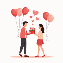 Happy Couple Holding Balloons on Valentine’s Day – Romantic Flat Design
