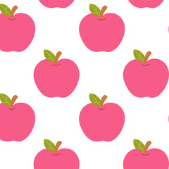 Apple-themed seamless vector pattern for nature, food, or eco-friendly projects. Cute pink apple background with green leaves in a simple, clean vector style.