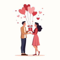 Man Giving Heart Balloons to Woman – Valentine’s Day Celebration Flat Style