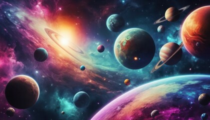 An abstract blue illustration of planet Earth, moon, and stars orbiting in the night sky