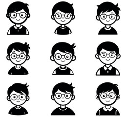 Cute Cartoon Boy with Glasses Character Avatar Icon Set