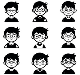 Cute Cartoon Boy with Glasses Character Avatar Icon Set