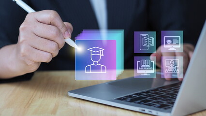 Concept of e-learning, remote education, and professional certification system. Business and technology concept.