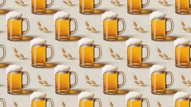 Beer mugs with overflowing foam and wheat stalks create a seamless pattern, for backgrounds.