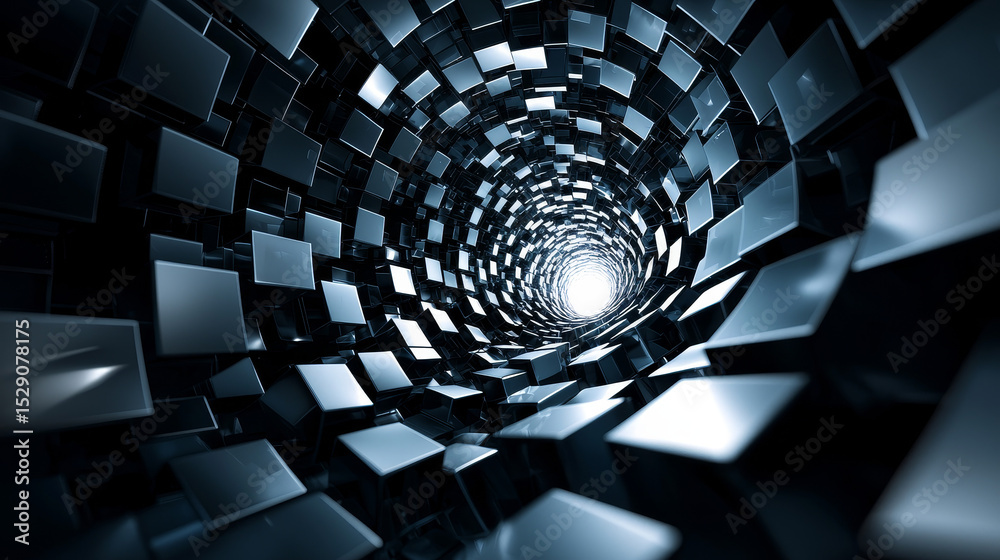 Poster abstract 3d cubes in spiral motion towards light source, creating depth and contrast against dark ba