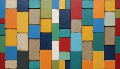 Recycled materials are used in this abstract artwork. composed of several voices and multicolored rectangles. Environmental awareness is emphasized in conceptual design. Modern art for those who care 