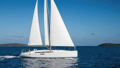 A sleek white sailboat sails the blue water.