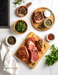 Raw and grilled beef steaks with herbs on a marble table