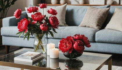 Vase on coffee table in living room with candles and red peonies