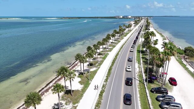 traffic on Causeway Boulevard, Dunedin, Florida any given weekend locals and tourists clog the road to Honeymoon Island