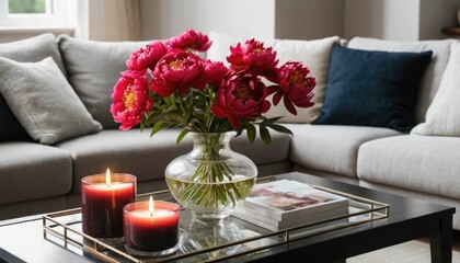 Vase on coffee table in living room with candles and red peonies