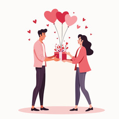 Couple Celebrating Valentine’s Day with Gift and Hearts – Flat Design
