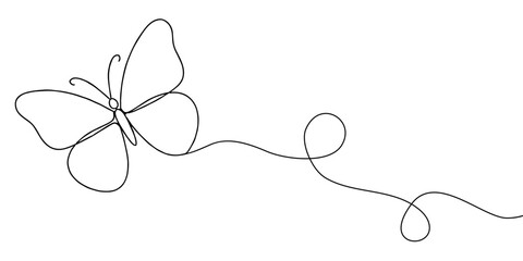 Butterfly in One continuous line drawing. Beautiful flying moth for wellbeing beauty or spa salon logo and divider concept in simple linear style. Editable stroke. Doodle vector illustration