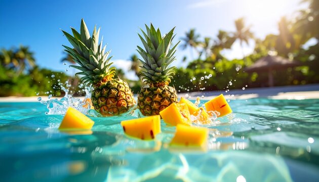 Pineapple and mango fragments suspended in motion, splashing through sunlit tropical water with bold, color-rich clarity.  - Powered by Adobe