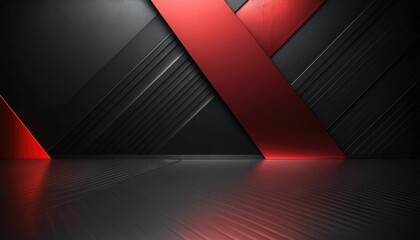 Abstract black and red light gradient pattern with a black, dark, sleek, and contemporary background with a soft tech diagonal background and metal texture on the floor wall.