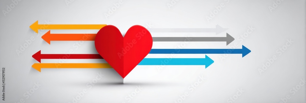 Poster infographic design featuring a central heart and four directional arrows pointing outward representi