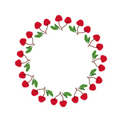Simple floral wreath with cherry and foliage. Summer frame of berries and leaves on twig. Decoration element for cards and seasonal decor. Vector flat illustration.